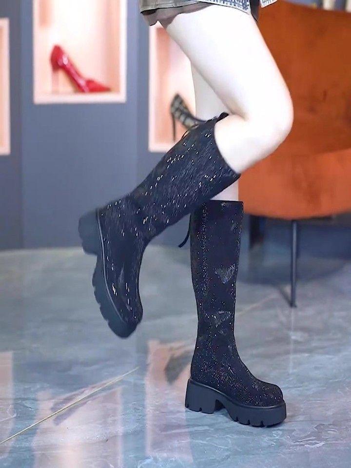 2025 autumn and winter new European and American style fashion zipper boots full of diamonds thick heel thin but knee fashion boots
