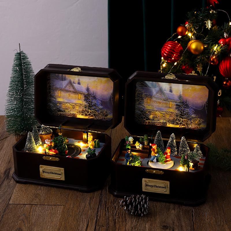 High-quality Christmas Party Decorations LED Night Lights Wooden Crafts Music Boxes Christmas Tabletop Ornament Holiday Supplies