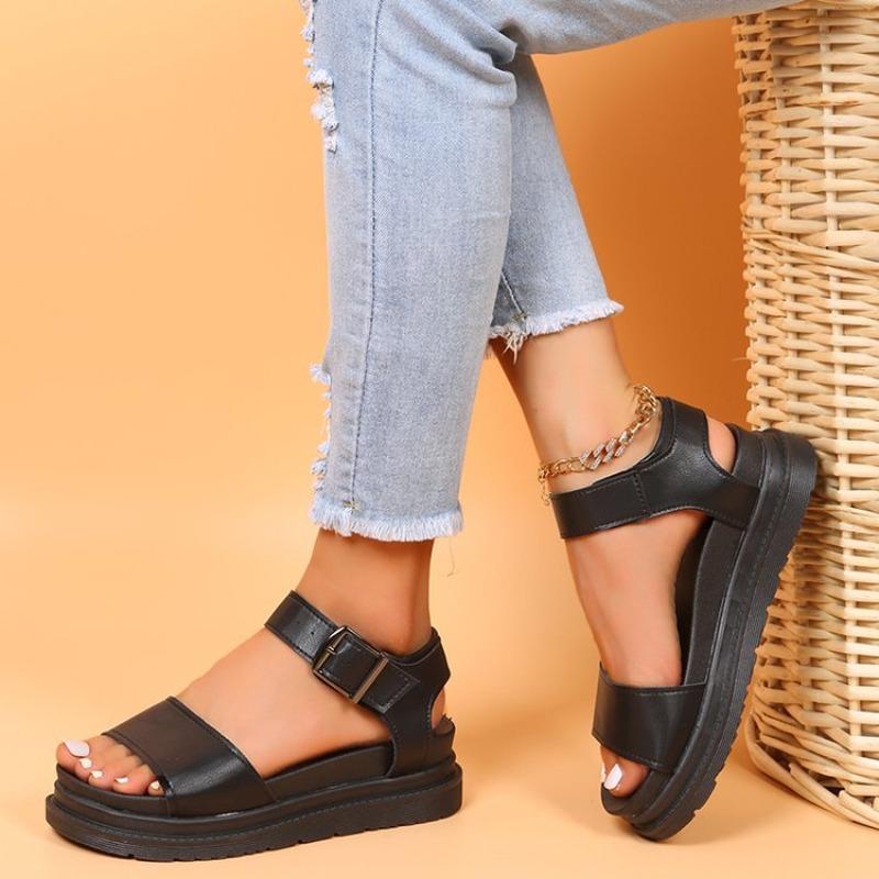 Large size one-word sandals women's style sandals TEUM explosive belt buckle platform sandals