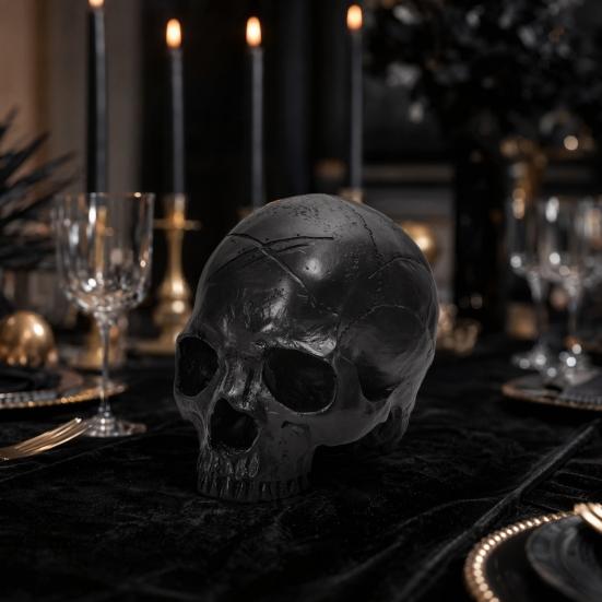 Yousheng Resin Skull Ornament, Dark Style Skull Halloween Prop, Sturdy Durable Teaching Model, Matte Black Anatomy