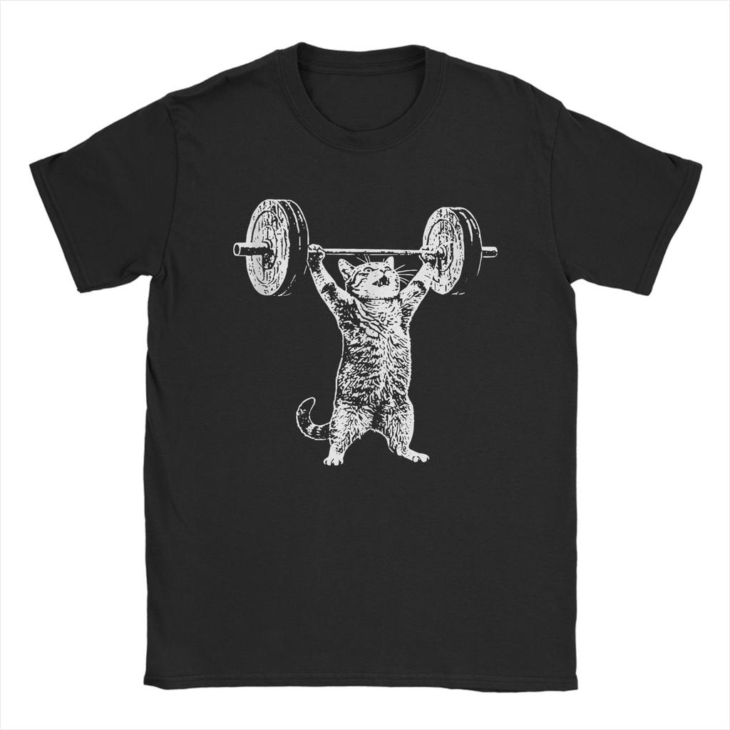 Vintage Retro Weight Lifting Gym Cat T Shirts Men Cotton Vintage TShirts Round Collar Tee Shirt Short Sleeve Clothes Plus Size