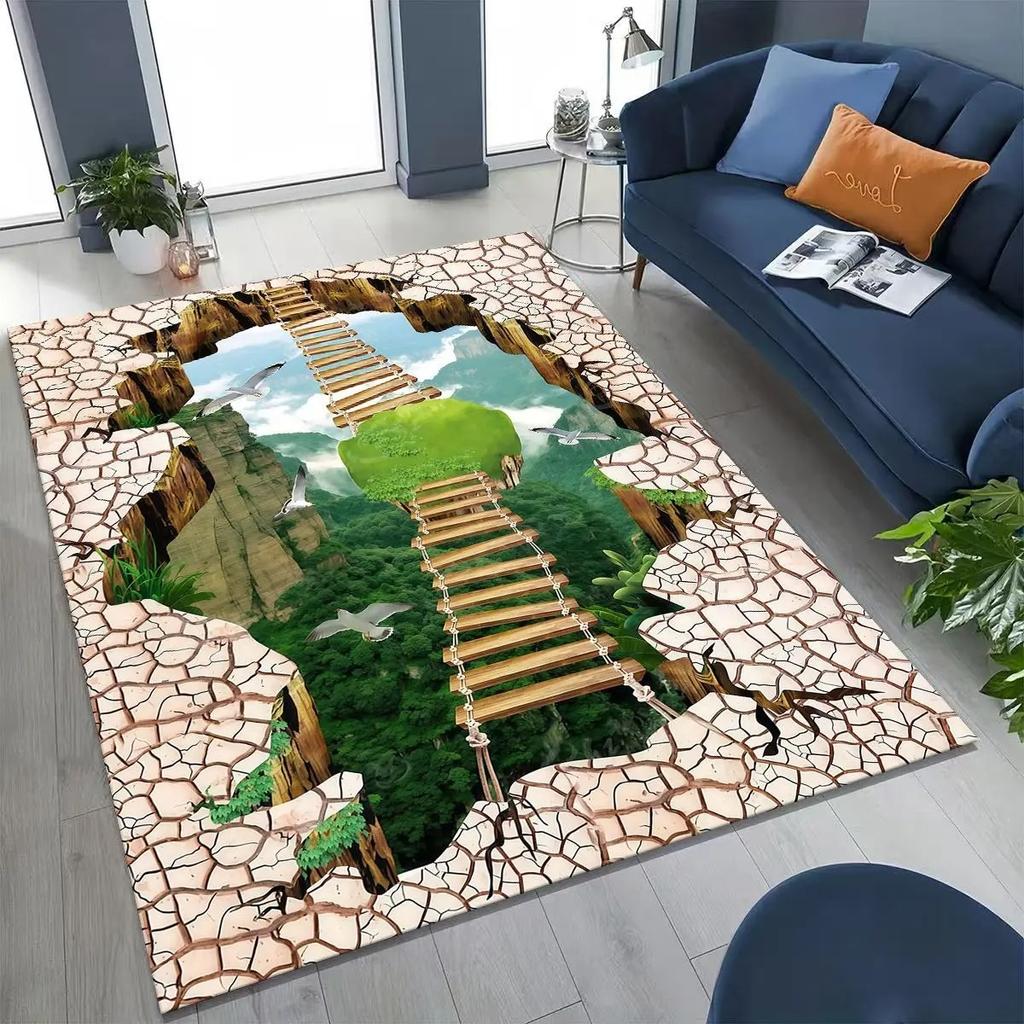 3DCanyon Bridge Carpet Mat Rug Waterfall Valley Home Decoration Non-slip Living Room Illusion Design Floor Mat with Nature Scene