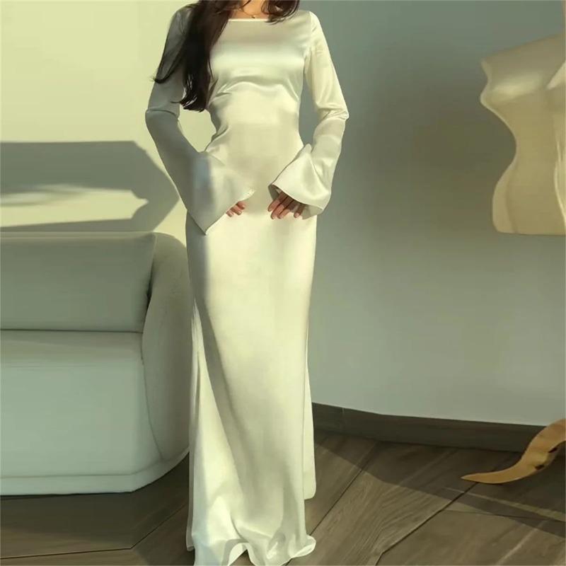 Letnia Elegancka Sukienka Z Długim Rękawem Y2k Kobiety Seksowne Retro Solidne O-neck Wąskie Sukienki Kobieca Moda Elegancka Estetyczna Rozkloszowana Impreza Odzież