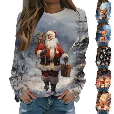 Women's Casual Fashion Christmas Print Long Sleeve O Neck Pullover Top Blouse Sweatshirt