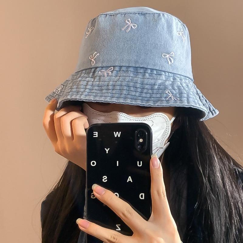 Washed Bow Denim Bucket Hat Women's Summer Big Head Circumference Washbasin Hat Sunshade Sunscreen Hat