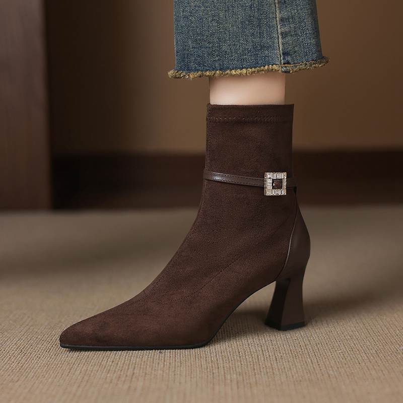 Krazing Pot Flock Pointed Toe Thin High Heels Modern Boots Size 42 Zip Plus Size Crystal Buckle Women Elastic Ankle Boots
