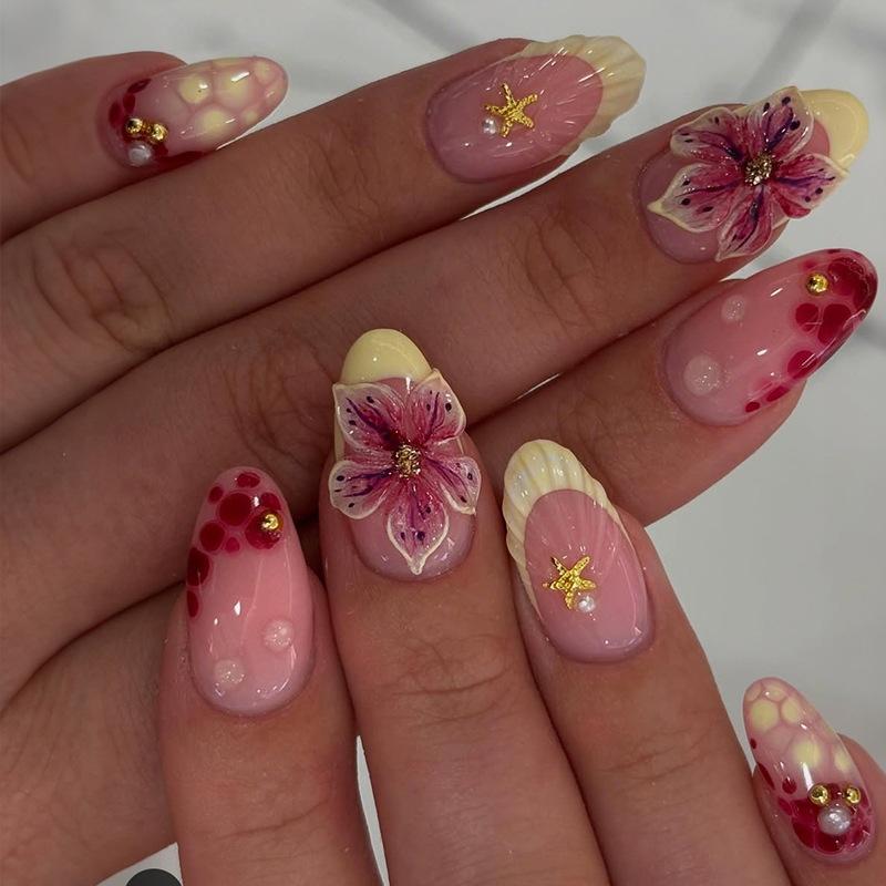 Pink gradual change flower wearing nail advanced sense French hand point drill nail piece