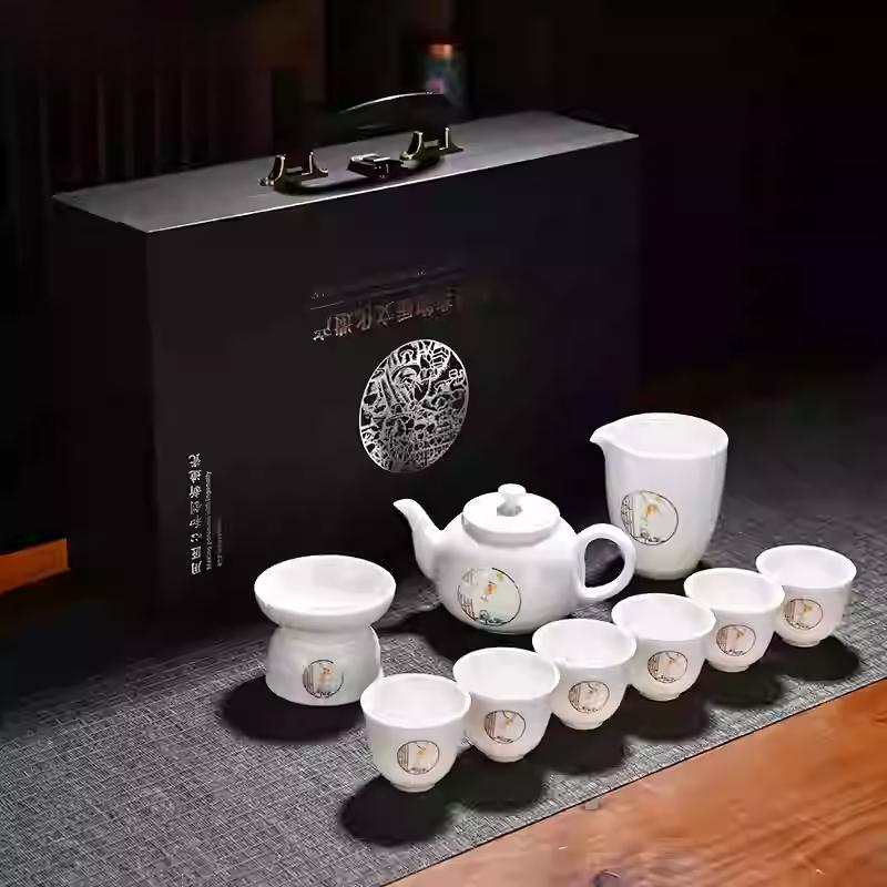 Goat Jade Tea Set Kung Fu Set Chinese Light Luxury Tea Calendars Teacups Office White Porcelain Teapot Covered Bowl Set