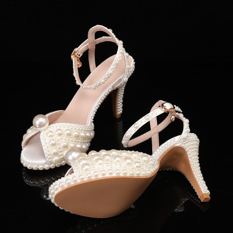 Luxury All Pearls Rhinestones Peep toe Women Sandals Ankle Strap Platform Thin High heels Elegant Bridal Wedding Shoes
