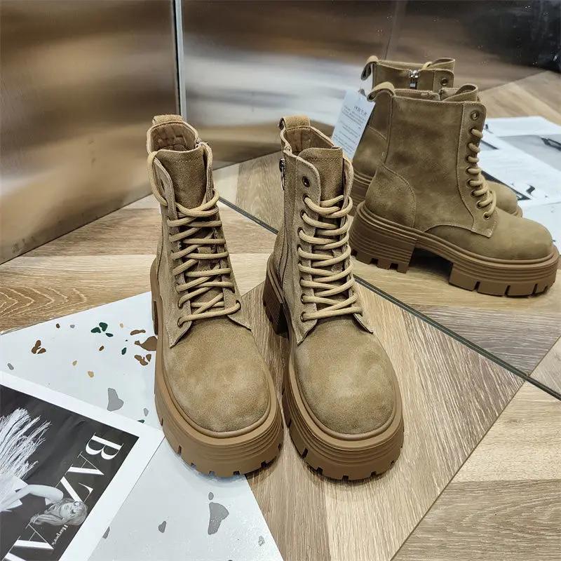 Biker Lace-up Women's Ankle Boots Short Shoes for Woman Sports Combat Chunky Punk Style with Laces Round Toe Footwear Booties Pu