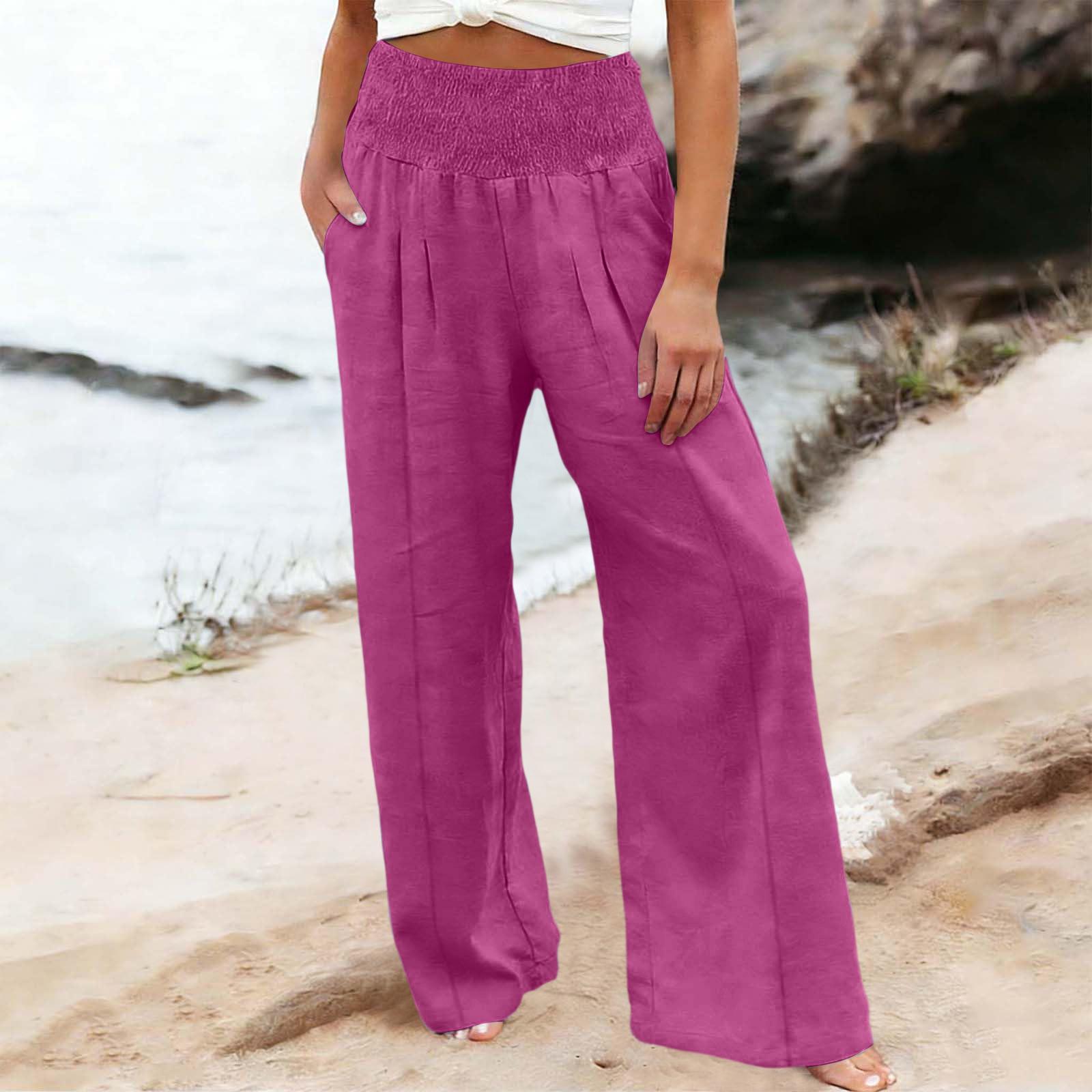 Women s Casual Fashion Cotton Linen Elastic Waist Pants With Pockets XL