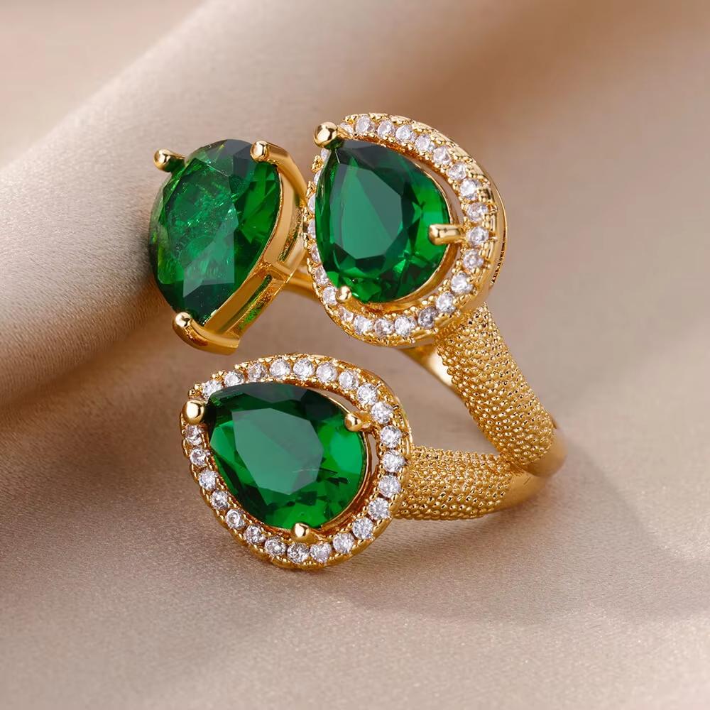 Luxury Stainless Steel Green Zircon Flower Rings For Women Snake Finger Ring Gold Plated Wedding Party Exquisite Zircon New