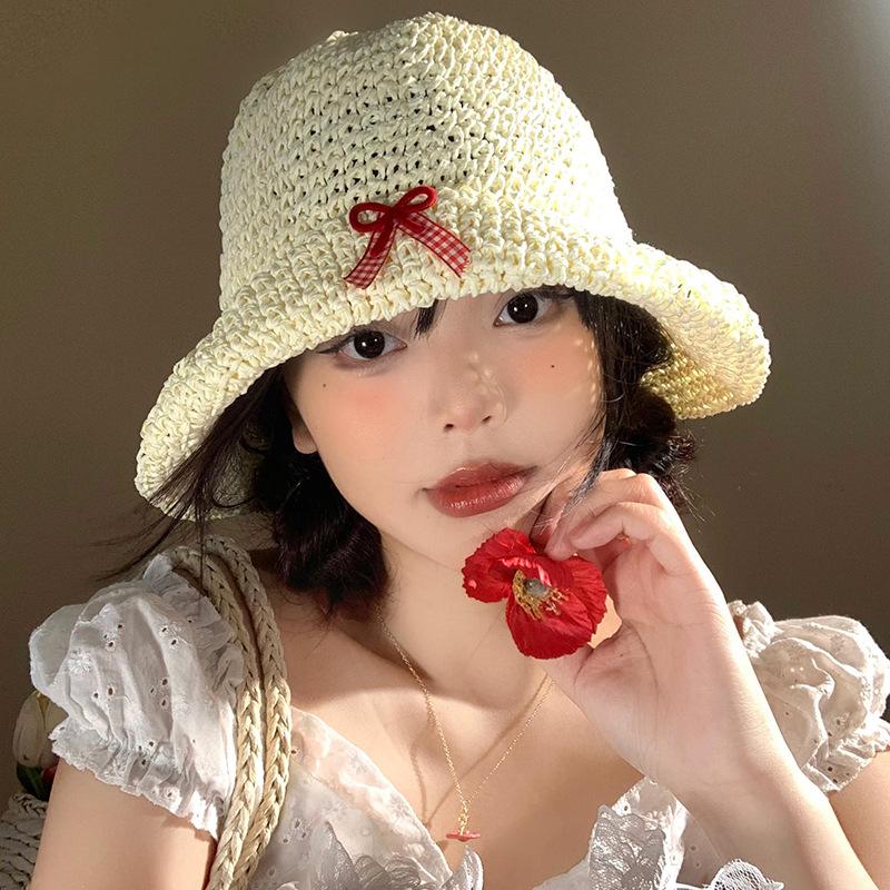 French Hollow Bow Woven Straw Hat Women's Seaside Vacation Fisherman Sun Shading Protection Trendy