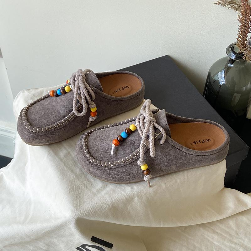 Women's Flat Shoes Cover Toe Slingback Lace-up String Bead One Kick Increased Internal Slippers All-match RetroSuede Women Shoes