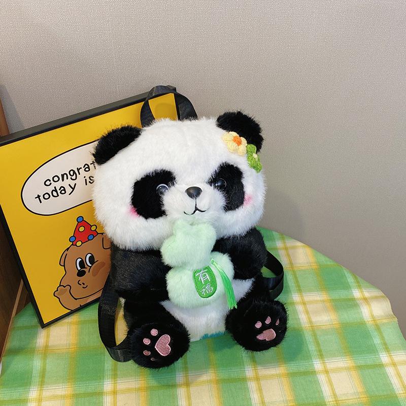 Cute panda flower backpack female cartoon hug rich apple plush bag lightweight backpack travel small backpack