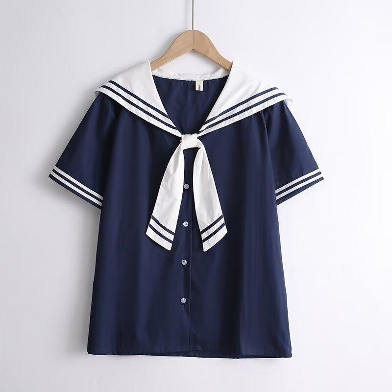 Blusas de Algodón de Alta Calidad para Mujer Verano Kawaii Camisas Harajuku Cuello Marinero Blusa Azul Marino Manga Corta Rayada JK Universitaria Chic Top