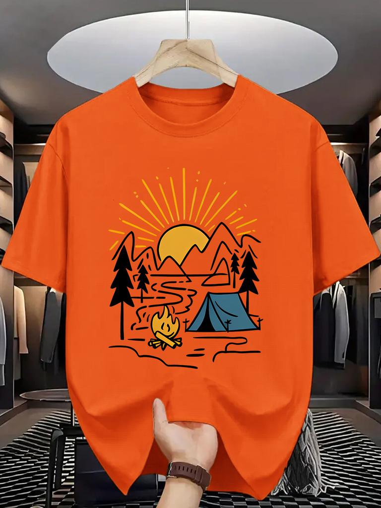 Mountain Camping Scene Unisexs Crew Neck T Shirt Tent Campfire Sun Forest Graphic Short Sleeve Tee Casual Male Street Tops