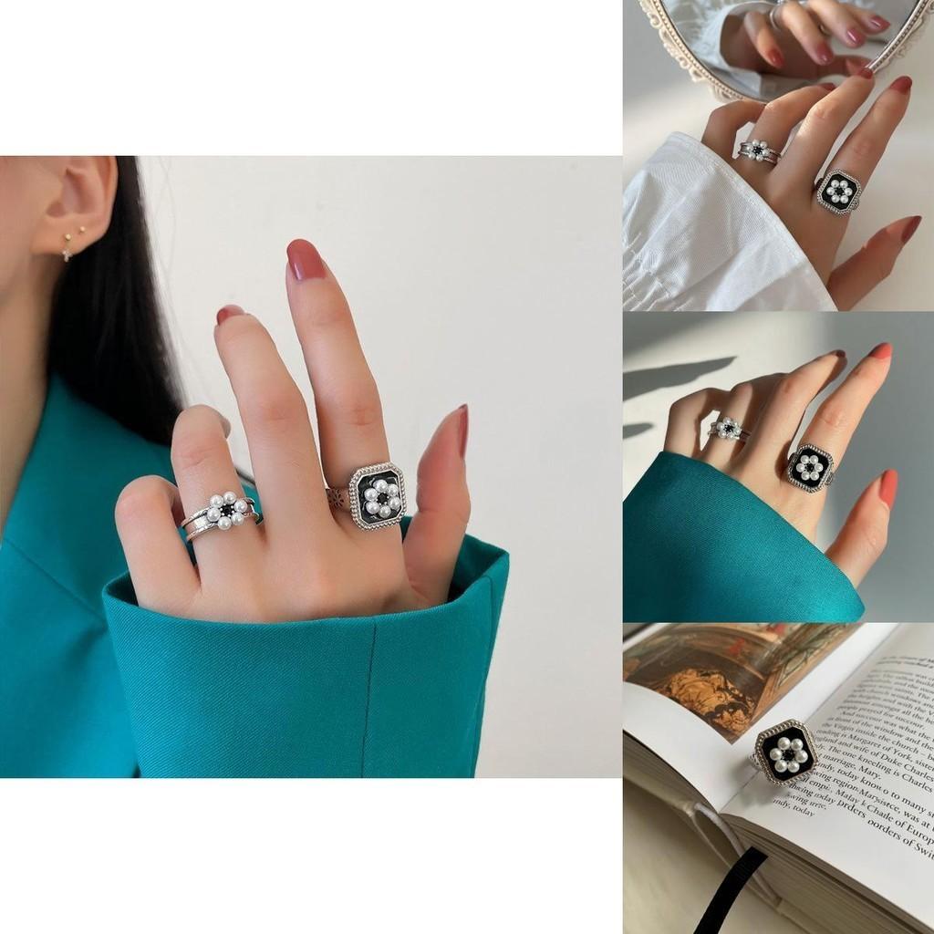 Elegant 925 Silver Ring For Women Retro Open Adjustable Pearl Fashion Statement Jewelry