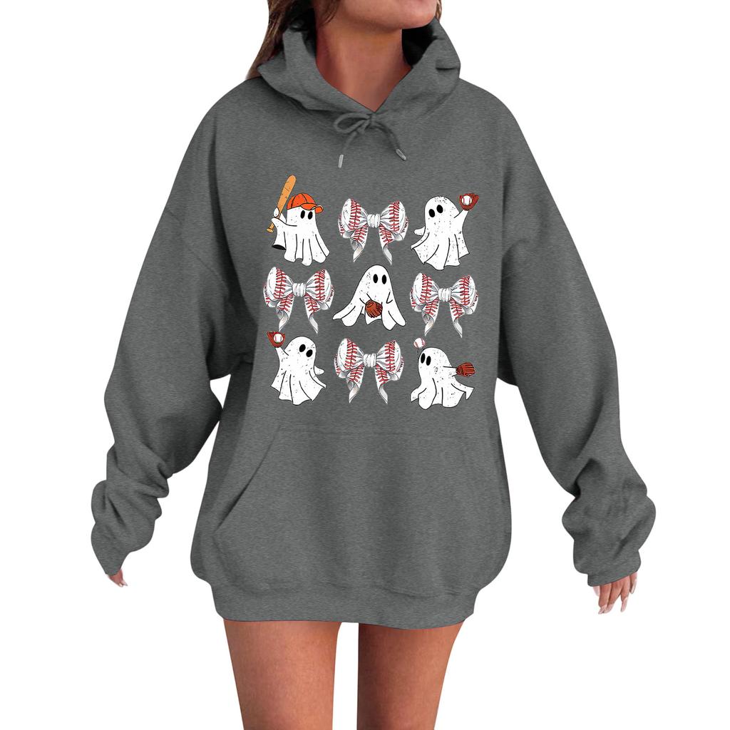 Women's Casual Fashion Comfortable Round Neck With Hood Long Sleeve Halloween Print Warm Sweatshirt