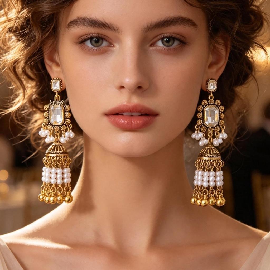 Bohemian Ethnic Pearl Tassel Earrings with Indian-Style Bells and Niche Crystals