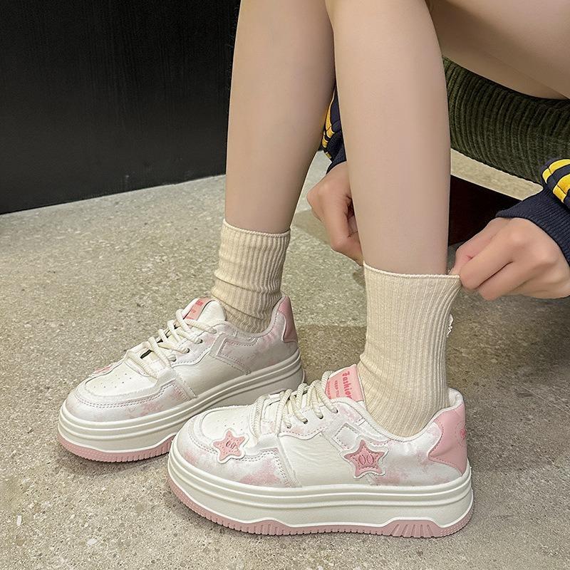 Women's Spring Pink Campus Puffy Thick-Soled White Casual Sports Board Shoes For Petite Frames.