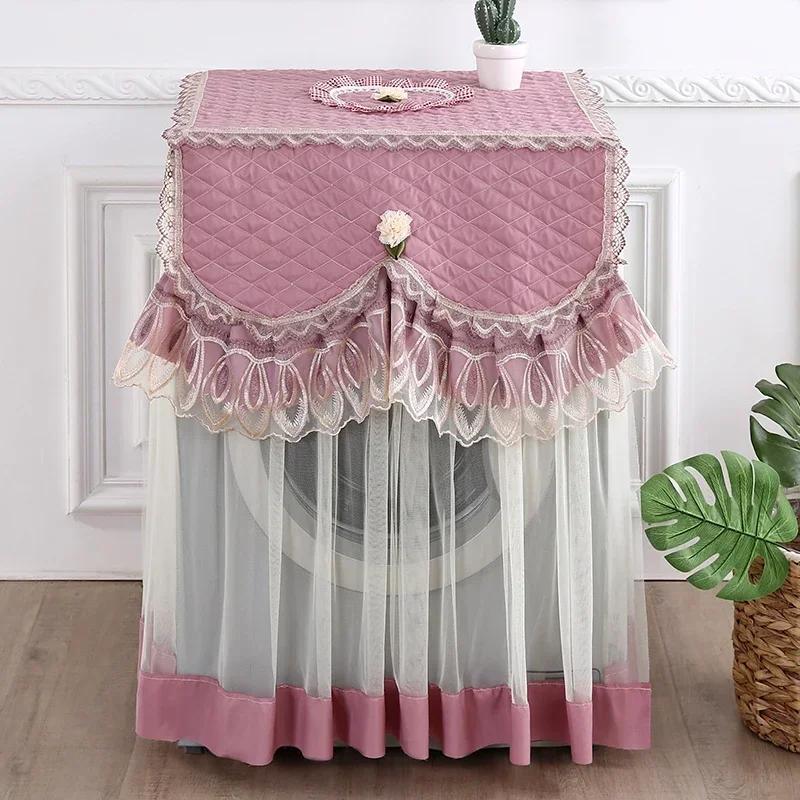 Washing Machine Cover Universal Washing Machine Cover with Roller and Wave Wheel Upflip Washing Machine Dustproof Lace Cover