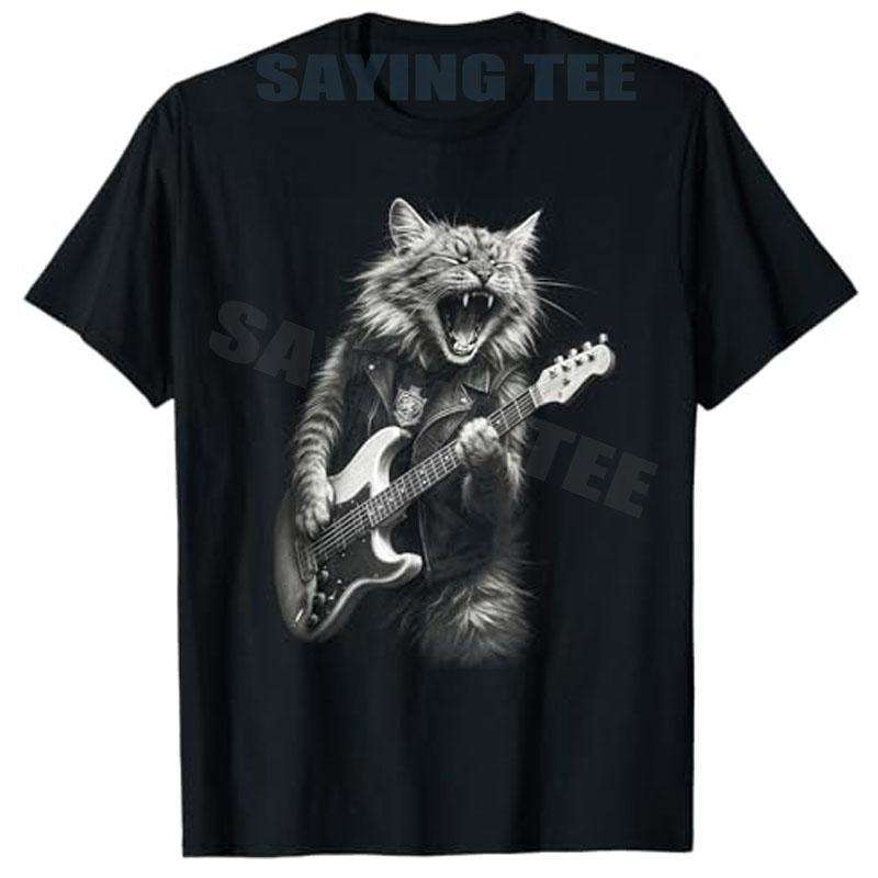 Vintage Rock Cat Playing Guitar Aesthetic Clothes Funny Guitar Cat Unisex Women TShirt Y2k Kitty Hip Hop Punk Fun Graphic Tees