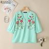 ZANZEA Women Summer V-Neck 3/4 Sleeve Loose Floral Embroidery Blouse