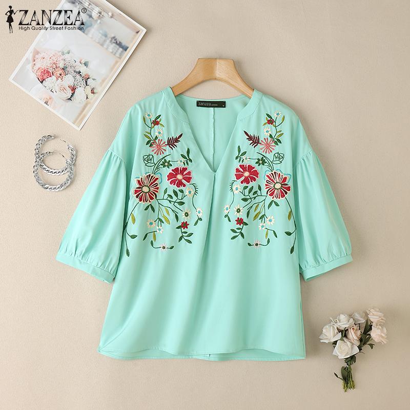 ZANZEA Women Summer V-Neck 3/4 Sleeve Loose Floral Embroidery Blouse