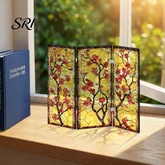 Colorful Folding Screen Mini Decorative Stained Glass Effect 3 Panel Divider Acrylic Desktop Office Desk Decoration Ornament for Home Living
