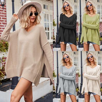 Sonbahar ve Kış Kadın V Yaka Büyük Boy Moda Triko Seksi Kazak Jumper