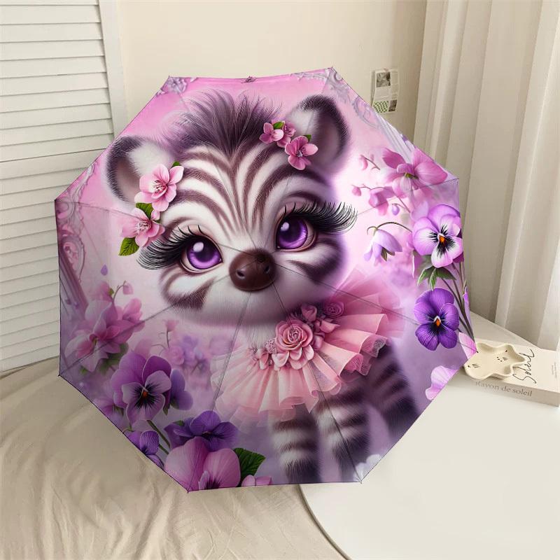 

1PC Raccoon Flowers Umbrella-8-Rib Reinforced Portable Folding Travel Suitable for All Seasons Outdoor Daily Use-H0369