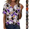 Women Casual Halloween Print V Neck Short Sleeve Button Decor T Shirt Top Lightweight Soft Fabric Comfortable Fit