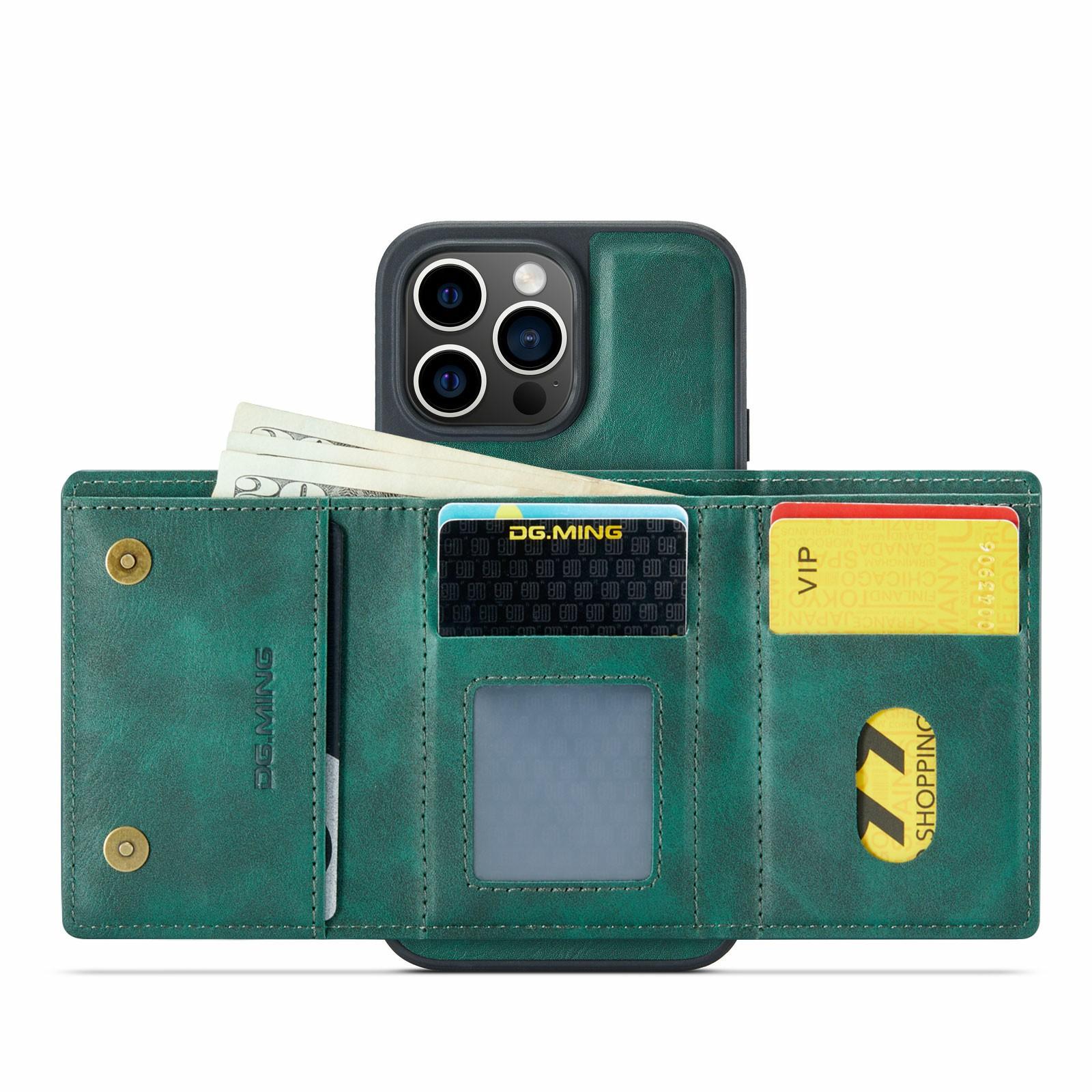 

DG.MING M6 Series For iPhone 13 Pro Case Magnetic Wallet PU+PC+TPU Phone Cover Green