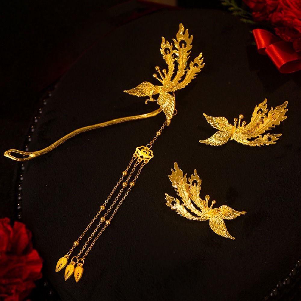 Ancient Style Tassel Hairpins Zinc Zinc Alloy Bridal Hair Ornament Phoenix Hairpin Set  Hanfu Accessories