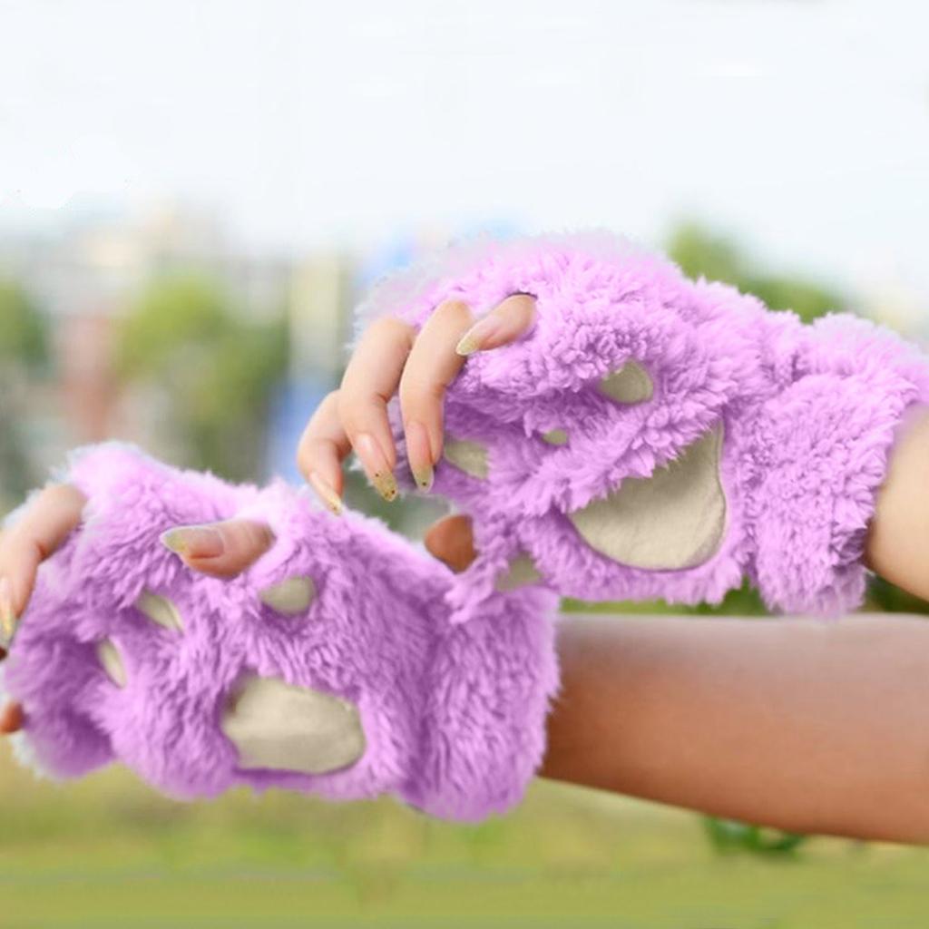 Cute Cat Claw Gloves Women Girls Thickened Plush Mittens Lovely Bear Paw Exposed Fingers Half Finger Winter Warm Hand Warmer