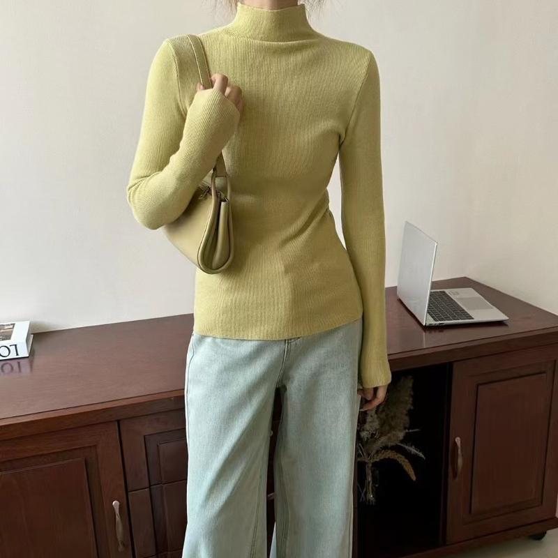 

Женский осенне-зимний свитер с полувысоким воротом конфетного цвета - Облегающий трикотажный топ для ношения под одеждой, Минималистичный трикотажный базовый слой One Size