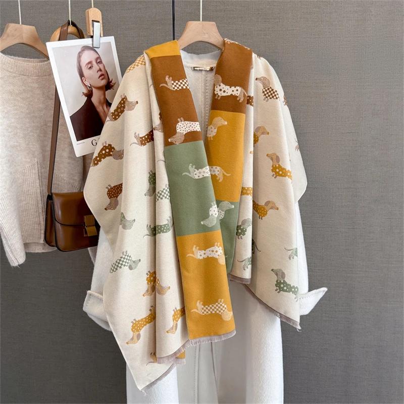 Winter Female Scarf Cashmere Shawls Wraps Women Dog Print Long Hijab Stoles Pashmina Bufanda Tassel Autumn Lady Headband