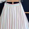 Spring Summer Women Rainbow Feminine Skirt Elastic Waist Pastel Striped Contrast Color Midi Skirt Cotton Soft Stylish Skirts Womens