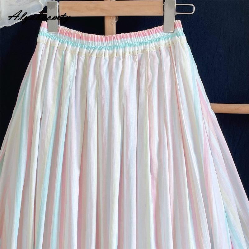 Spring Summer Women Rainbow Feminine Skirt Elastic Waist Pastel Striped Contrast Color Midi Skirt Cotton Soft Stylish Skirts Womens