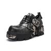 New Gothic Punk Shoes Dark Flame Embroidery Chunky Platform Low Top Women Retro Leather Shoes