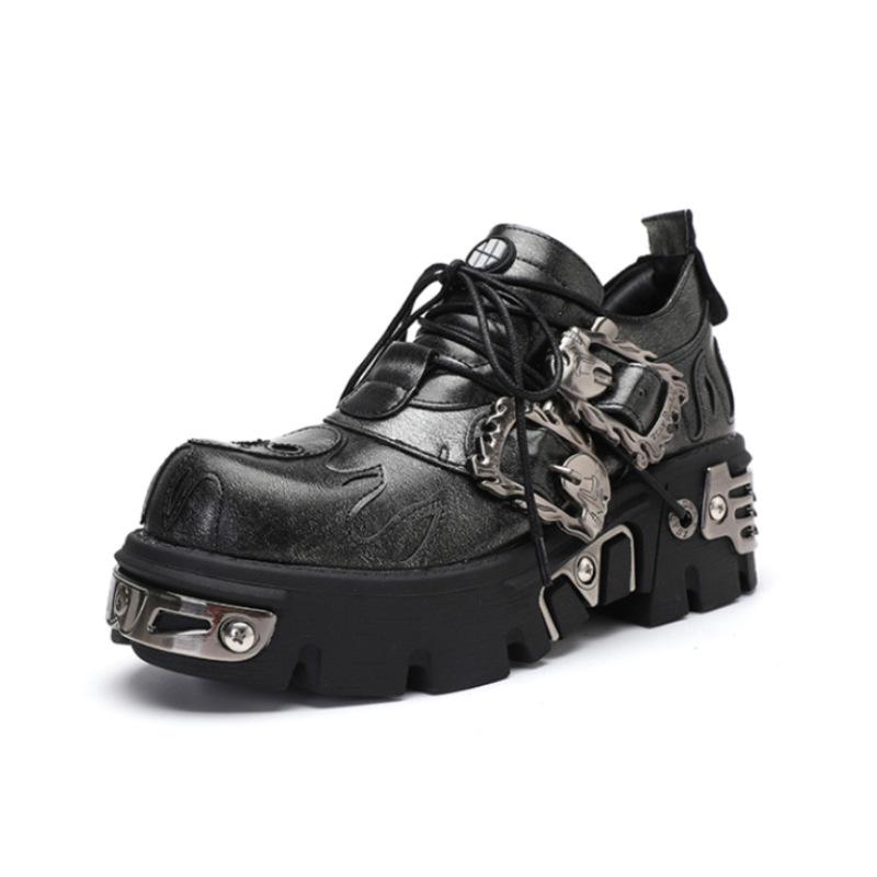 New Gothic Punk Shoes Dark Flame Embroidery Chunky Platform Low Top Women Retro Leather Shoes