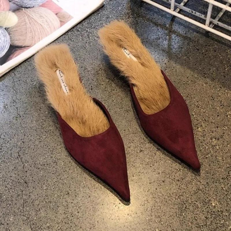 New Women Fur Slippers Pointed Toe Women Mules Slipper Fashion Ladies Elegant Dress Sandal Square Low Heel Slip on Slides Shoes