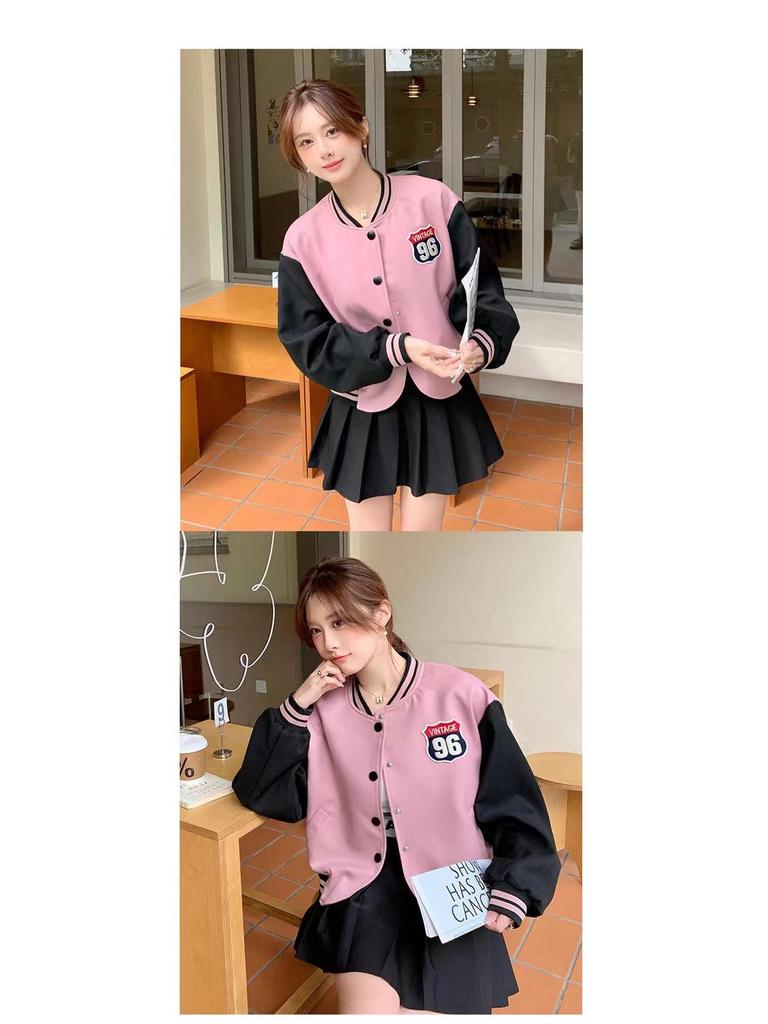 Women's Petite Color Block Baseball Jacket - 2025 Fall/Winter American College Style