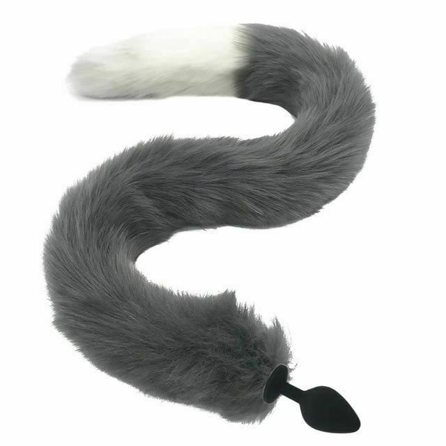 80Cm Long Grey White Fox Tail Cosplay Anal Butt Plug  Pet Play Butt Plug Tails