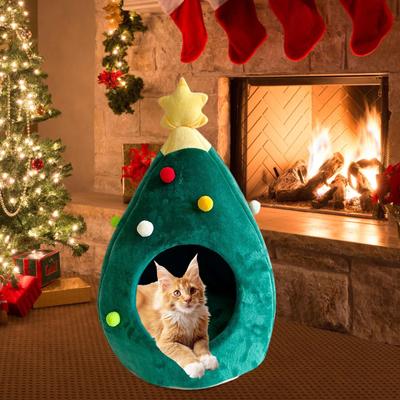 Cat Nest with Partial Closure, Dog Bed In Holiday Tree , Washable Pet Tent for Cats And Dogs