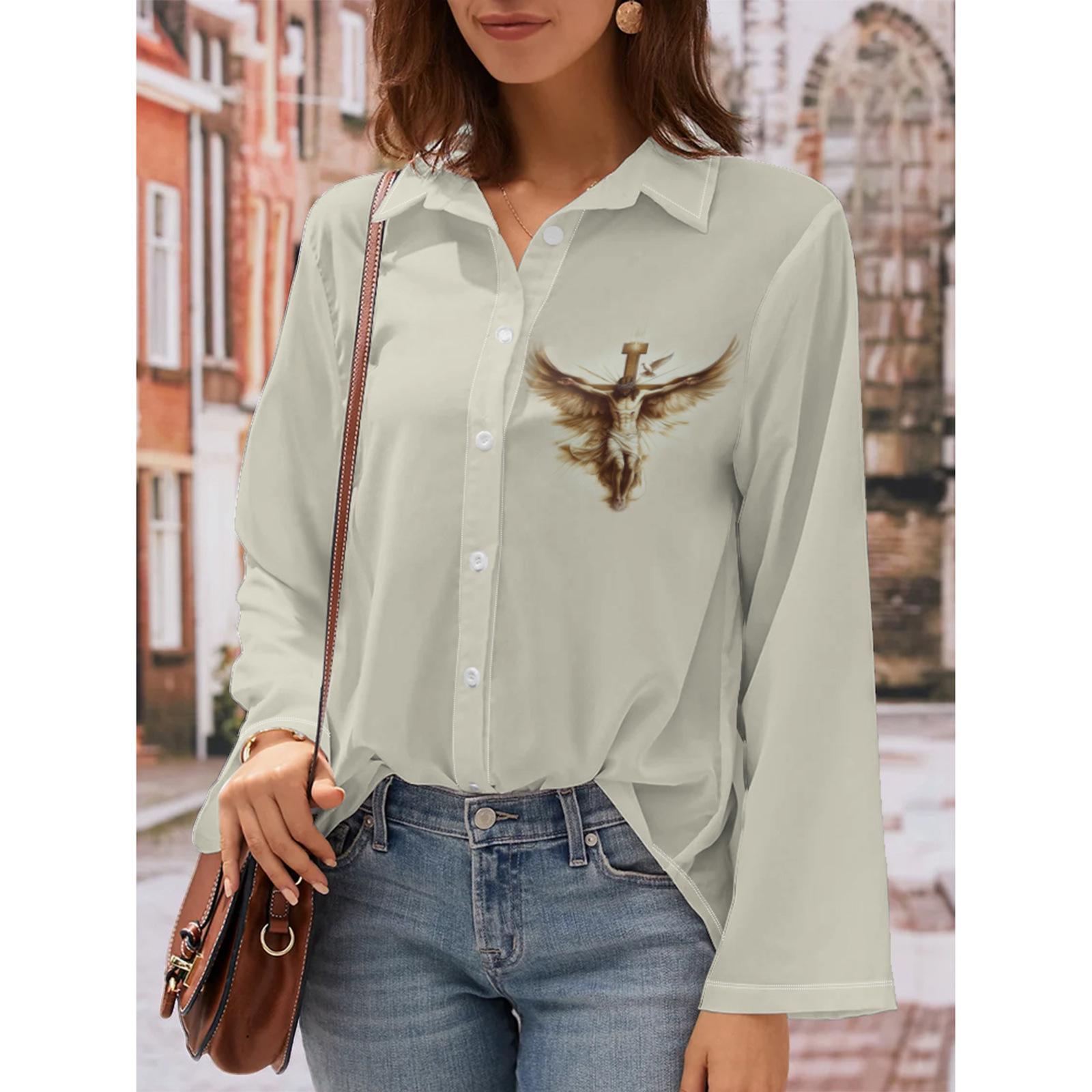 

Women s Trendy Printed Turn-Down Collar Cardigan - Long Sleeve, Loose Fit L