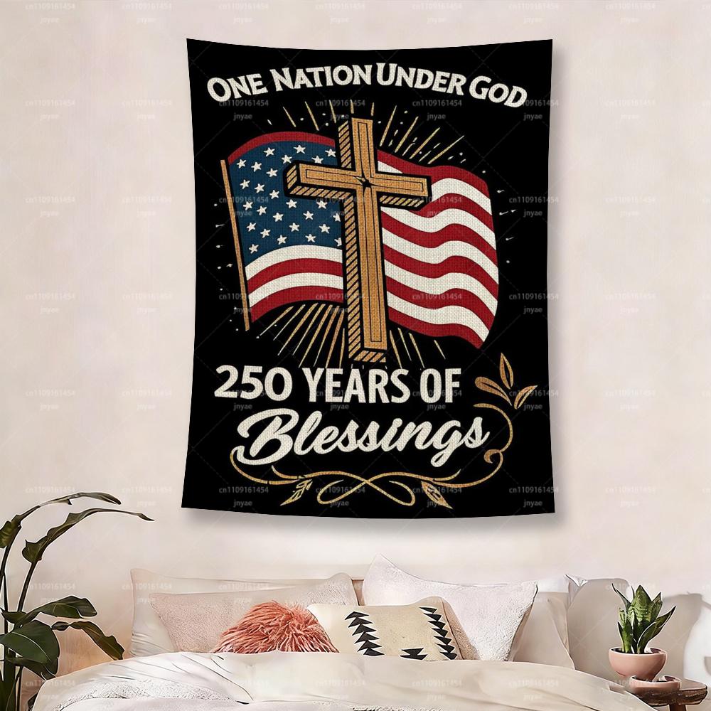 

Patriotic Christian Tapestry One Nation Under God 250 Years of Blessings American Flag Cross Wall Hanging for Home Decor 74x94cm(29x37in)