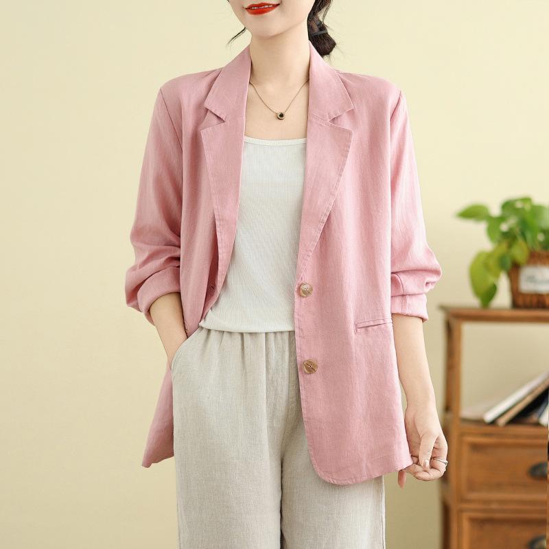 Spring Long Sleeved Cotton and Linen Blazer for Women's Casual Linen Blazer for Women's Outerwear