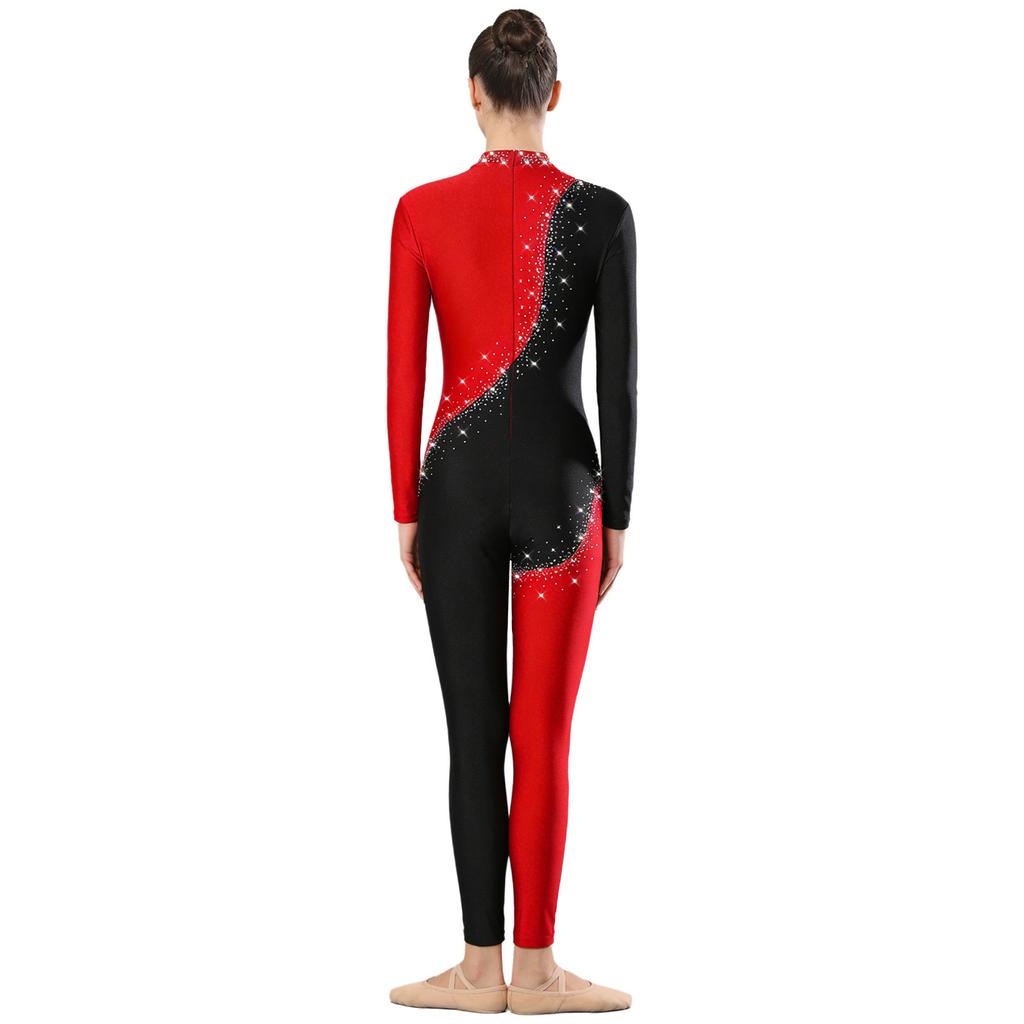 S-3XL Women‘s Dance Bodysuit Sparkly Rhinestones Long Sleeve Pants Back Zipper Color Block Full Coverage Unitard for Skating Ballet